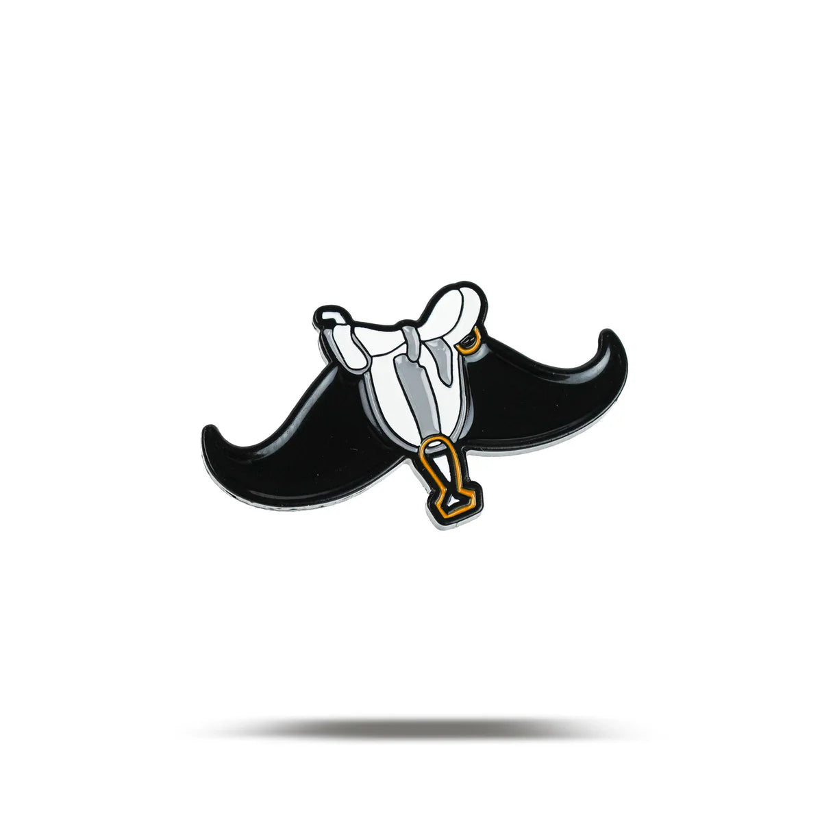 Introducing "Mustache Ride" by Bogey Bros—a stylish enamel pin featuring a black mustache, gray sword, and gold cup inspired by Free Rides, displayed on a white background with a soft shadow.