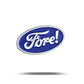 An oval blue badge with a silver border and "Fore!" in white cursive, inspired by the classic Ford logo, represents the Bogey Bros brand. This playful golf-themed design casts a shadow on a white background.