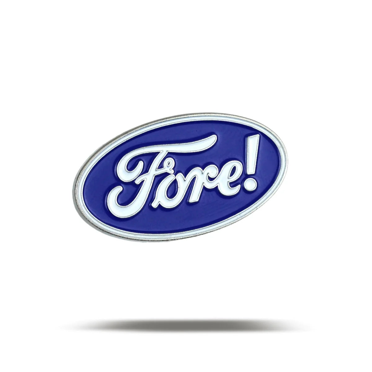 An oval blue badge with a silver border and "Fore!" in white cursive, inspired by the classic Ford logo, represents the Bogey Bros brand. This playful golf-themed design casts a shadow on a white background.