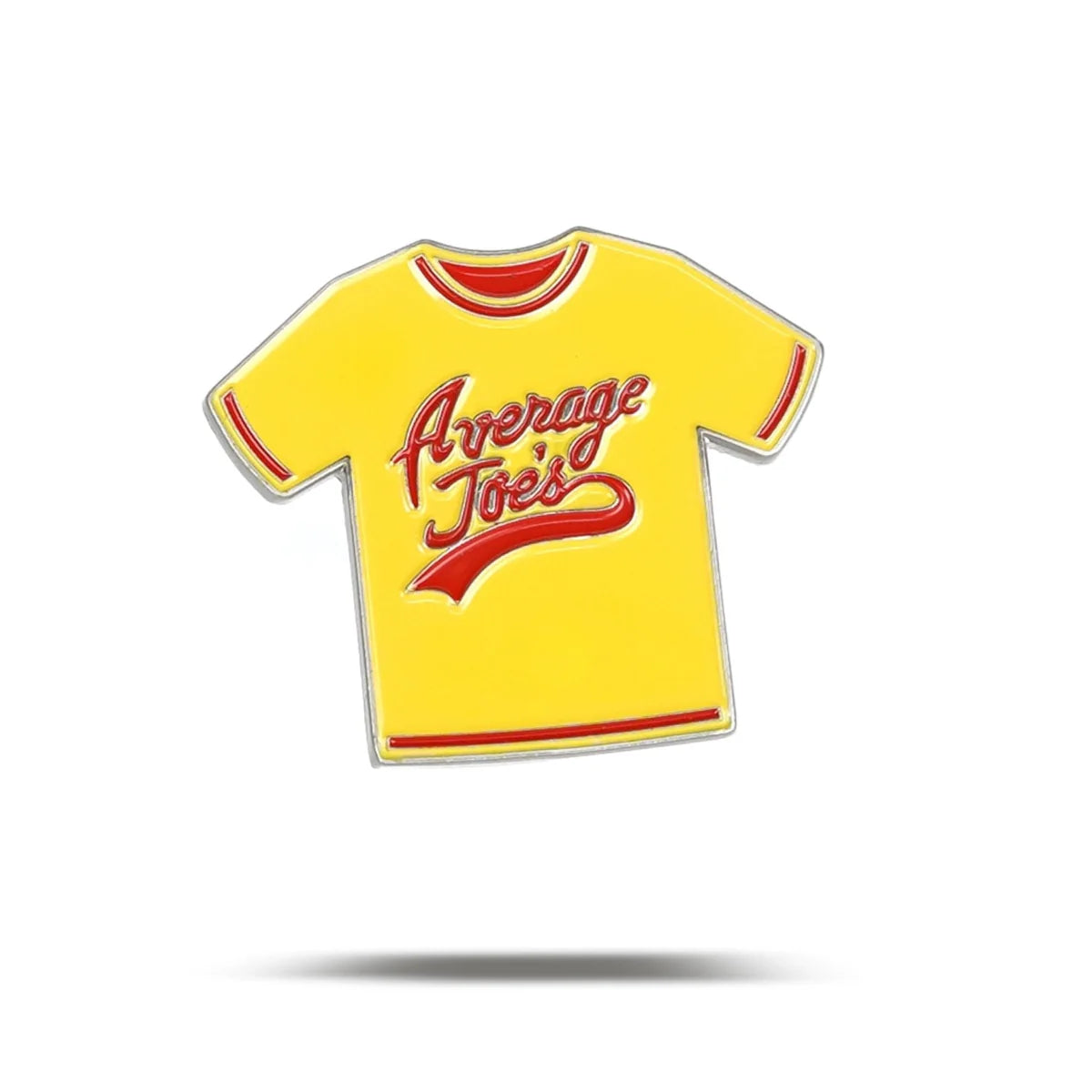 A Bogey Bros "Average Joes" yellow T-shirt pin features red trim and red script on the front, centered on a white background with a shadow—perfect for any dodgeball fan channeling classic gym energy.