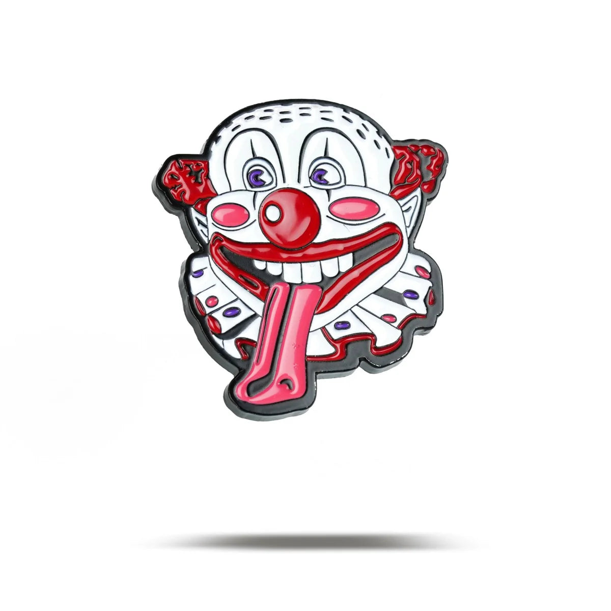 The Bogey Bros "Happy Land Clown" features a cartoon face with a big red nose, wide eyes, ruffled collar, and long red tongue on a white background—this zany clown could easily be Happy's nemesis.