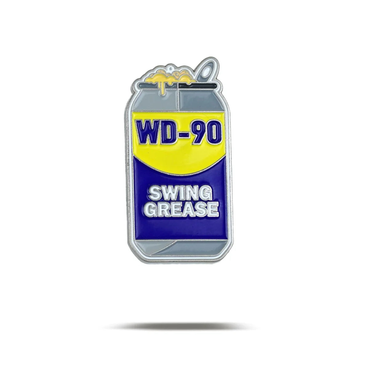 A Bogey Bros Swing Grease pin shaped like a WD90 can, with yellow foam and a straw—perfect for golfers—set against a white background with a subtle shadow.