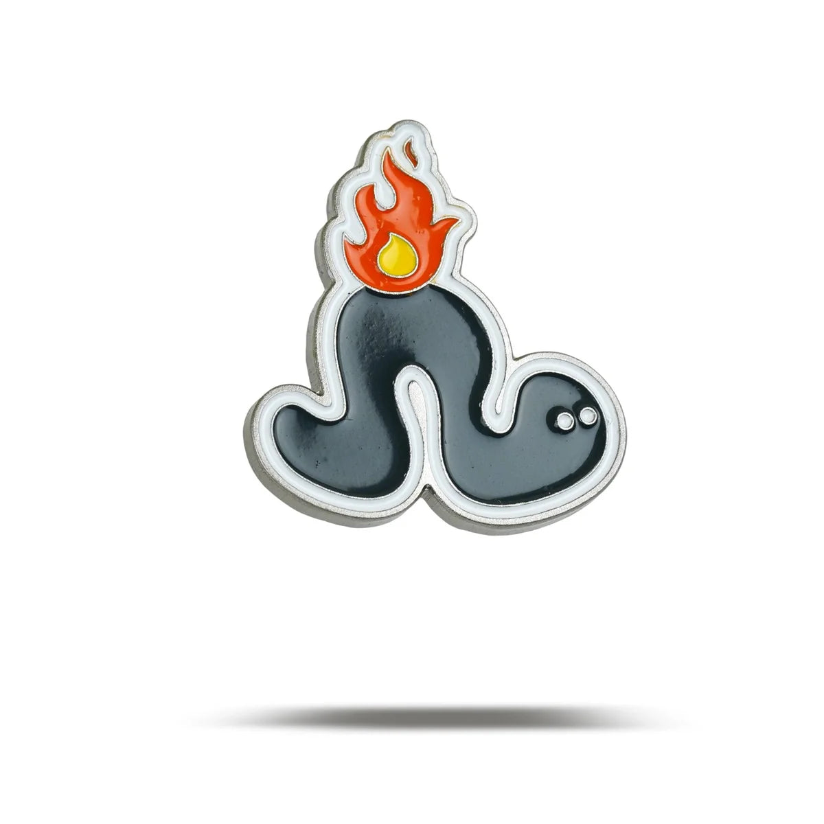 The Worm Burner enamel pin by Bogey Bros features a quirky black squiggle with dots and a yellow-orange flame—an amusing nod to worm burners and a perfect gift for golf lovers.