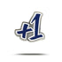 A metal pin by Bogey Bros shaped like "+1" with bold, blue and white stylized text on a white background and a subtle shadow—perfect for celebrating big numbers.