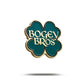 The Gettin' Lucky pin by Bogey Bros features a gold-edged four-leaf clover with a dark green center and bold gold "BOGEY BROS" lettering, set against a white background with a soft shadow below.