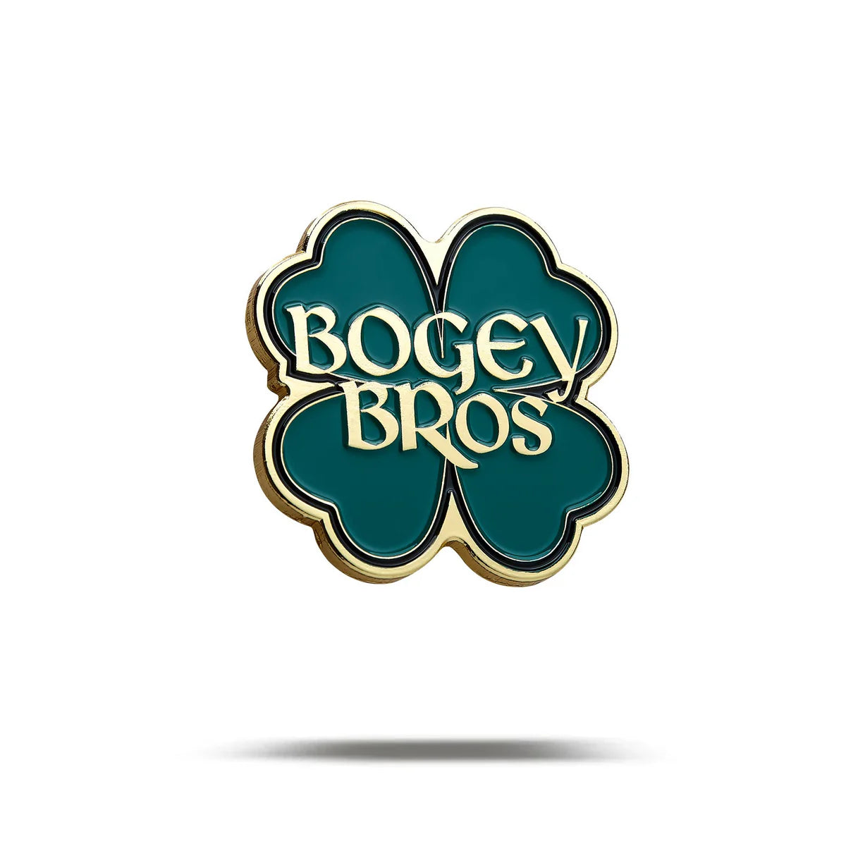 The Gettin' Lucky pin by Bogey Bros features a gold-edged four-leaf clover with a dark green center and bold gold "BOGEY BROS" lettering, set against a white background with a soft shadow below.