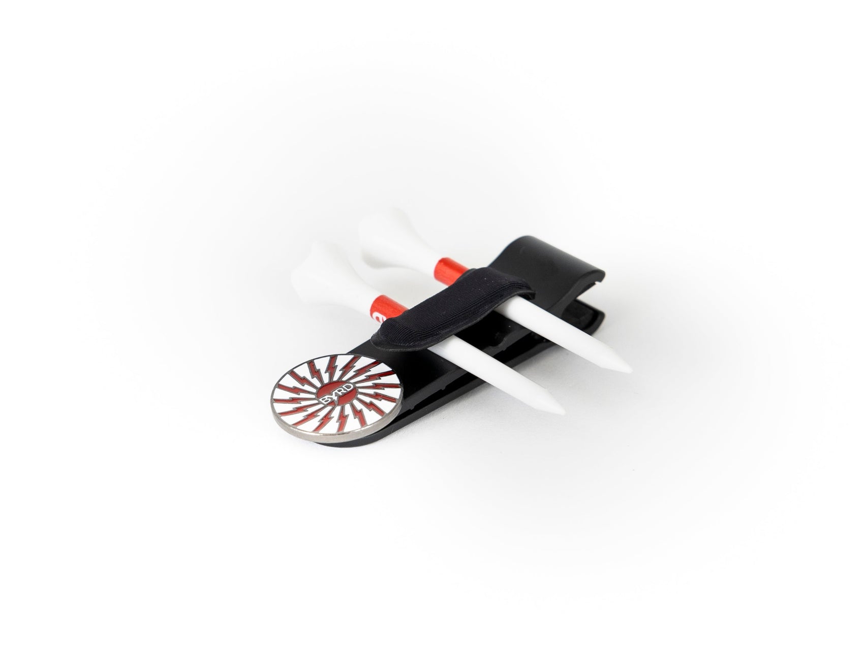 The Byrd, LLC’s THE BYRD GOLF CLYP - Black Byrd is a black plastic golf tee holder with two free white tees and a round red-and-white ball marker, shown on a white background.