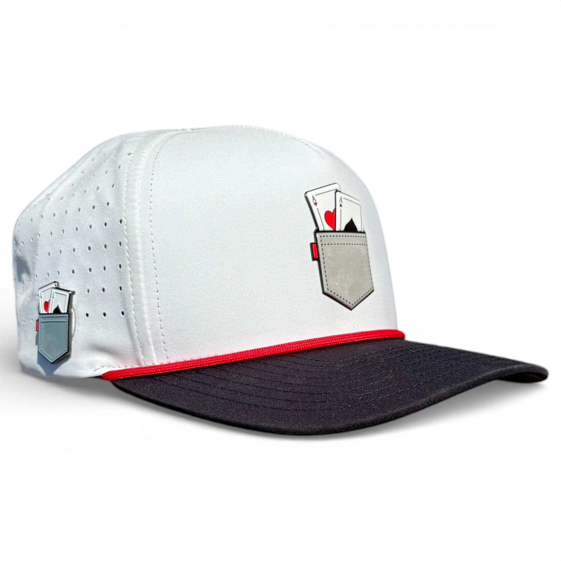 The Logie Joe's Golf Pocket Aces Snapback Cap is a gray and black adjustable golf hat with a built-in magnetic ball marker holder and included marker, featuring a pocket graphic with playing cards for stylish rounds.