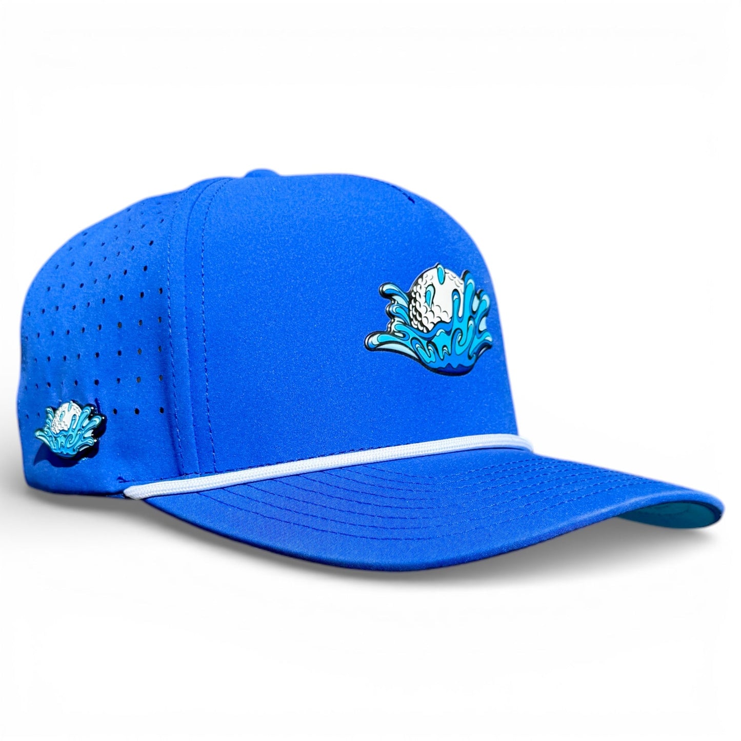 Logie Joe's Golf Water Ball Golf Hat: a bright blue adjustable snapback cap with perforated sides, white accent stripe, embroidered wave patch featuring a golf ball, plus built-in magnetic ball marker holder and included marker.