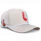 The Logie Joe's Golf Neon Arrow Sign Snapback Cap is a light gray adjustable hat with ventilation holes, a white accent cord, red and yellow GOLF arrow patches on the front and side, plus a built-in magnetic ball marker holder and marker.