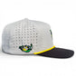 The Banana Hammock Golf Hat by Logie Joe's Golf is a light gray snapback cap with a black brim, yellow trim, perforated side panels, and a lounging cartoon animal in sunglasses. It includes a magnetic ball marker holder and is one-size adjustable.