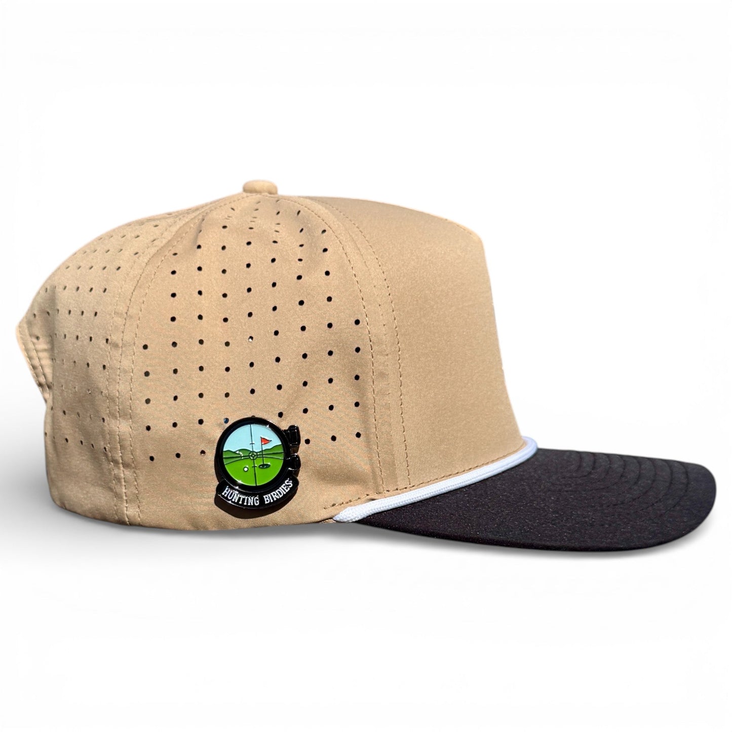 The Logie Joe's Golf Hunting Birdies Golf Hat is an adjustable tan and black snapback cap with ventilation holes, a curved brim, round patch, plus a built-in magnetic ball marker holder and marker—perfect for your game.