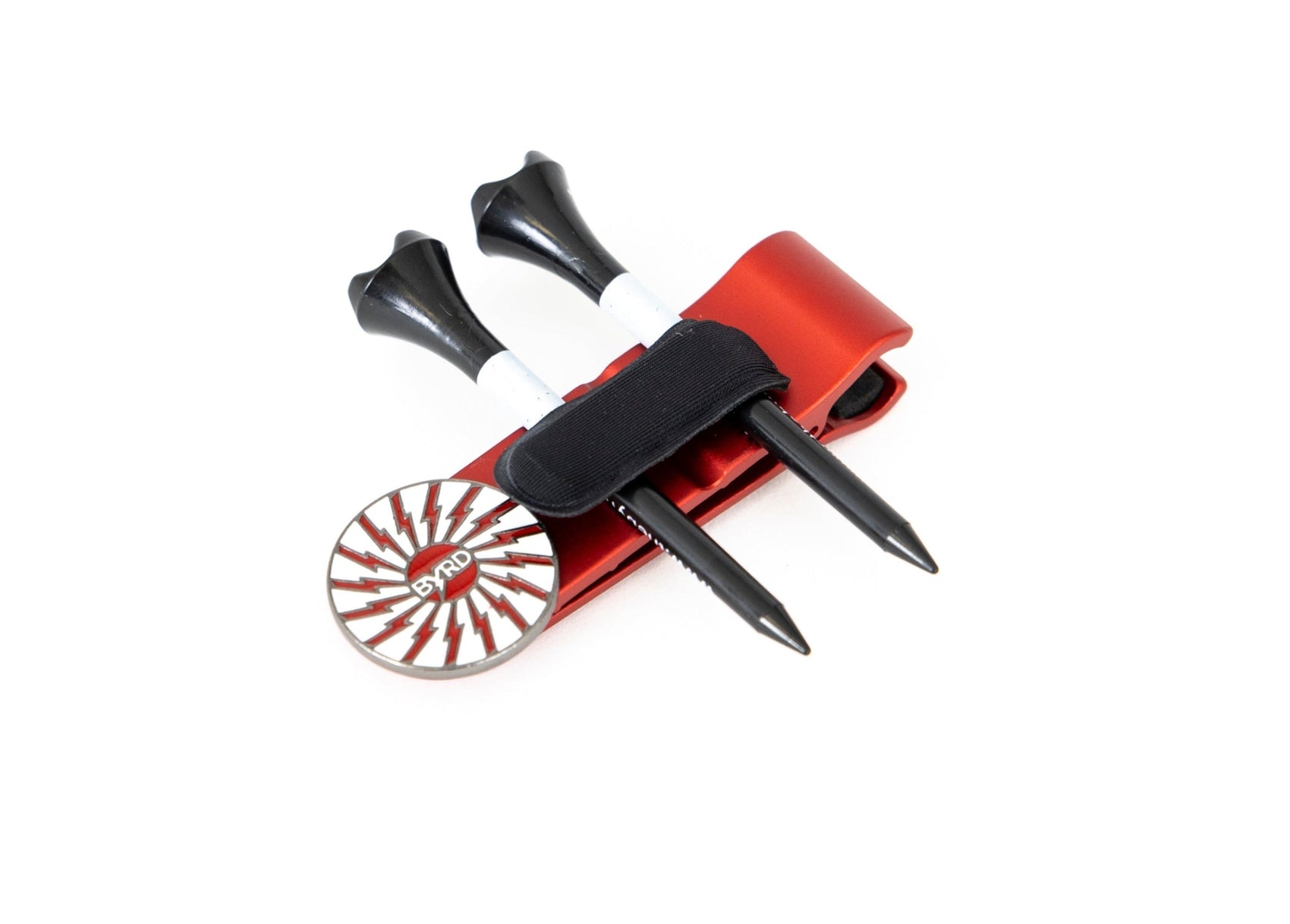 The Byrd, LLC’s THE BYRD GOLF CLYP - Red Cardinal features a red golf accessory clip with two black tees and a round STND ball marker with a red and white radiating design, displayed on a white background.