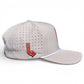 Logie Joe's Golf Neon Arrow Sign Snapback Cap in light gray with ventilation holes, white trimmed brim, and included magnetic ball marker. Features a red and yellow arrow-shaped pin. Adjustable fit. Plain white background.