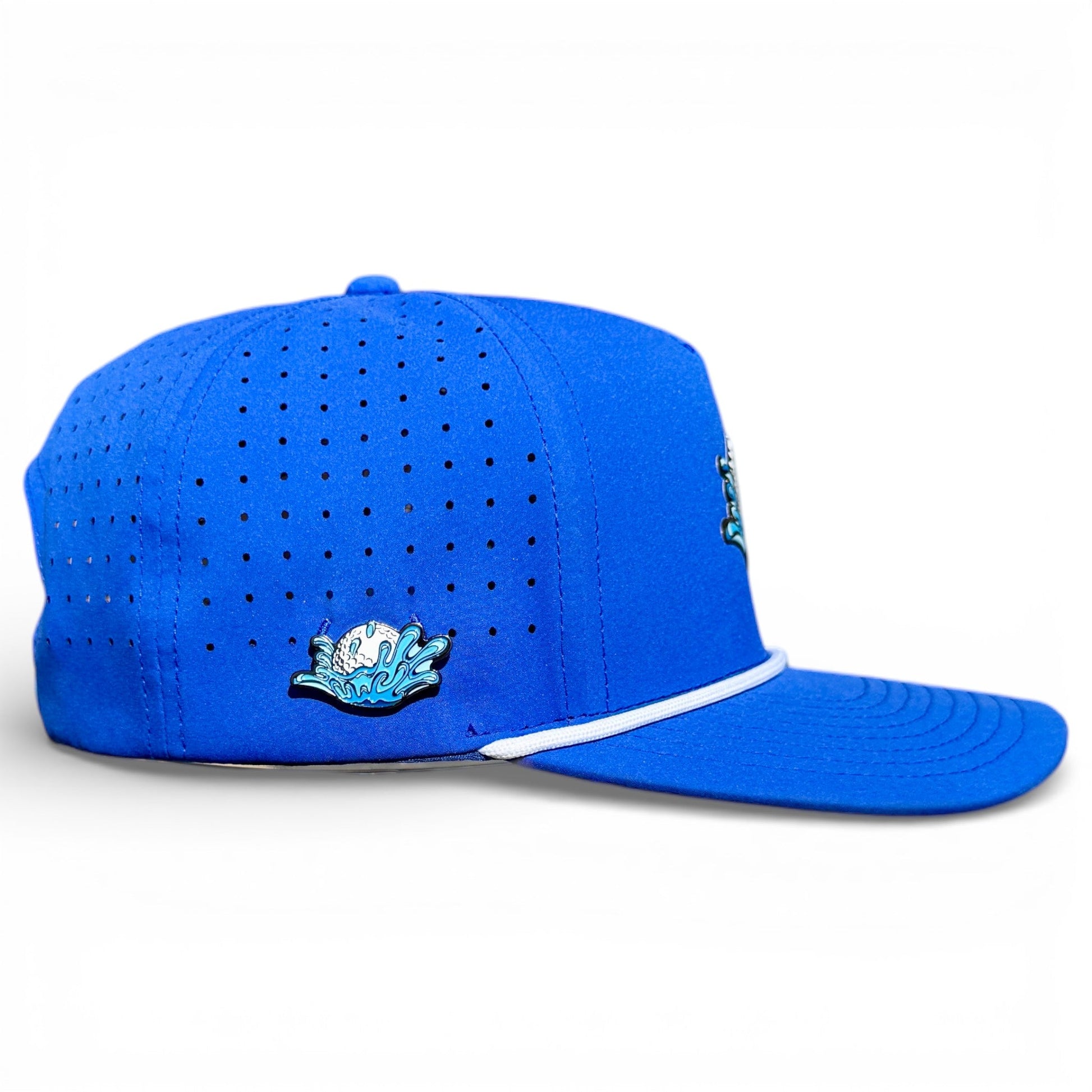 The Logie Joe's Golf Water Ball Golf Hat is an adjustable blue snapback cap with a built-in magnetic ball marker holder and included marker, featuring white trim and displayed against a white background.