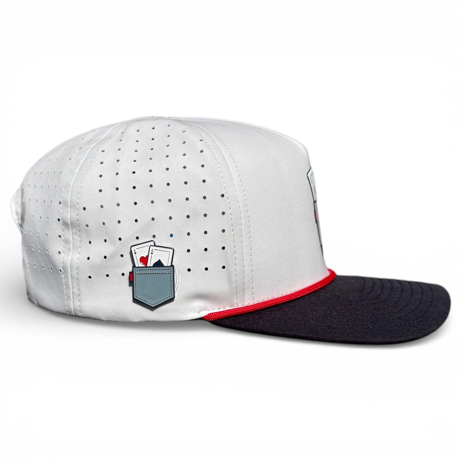 The Pocket Aces Golf Hat by Logie Joe's Golf is an adjustable gray and black snapback cap with a built-in magnetic ball marker holder, marker included—perfect for your next round.