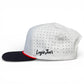The Pocket Aces Golf Hat by Logie Joe's Golf is an adjustable gray and black snapback cap with a built-in magnetic ball marker holder, marker included—ideal for golfers seeking style, comfort, and convenience on the course.