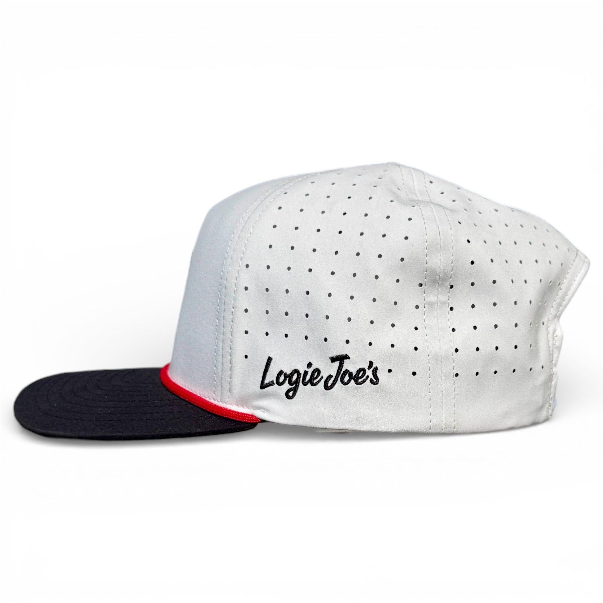 The Pocket Aces Golf Hat by Logie Joe's Golf is an adjustable gray and black snapback cap with a built-in magnetic ball marker holder, marker included—ideal for golfers seeking style, comfort, and convenience on the course.
