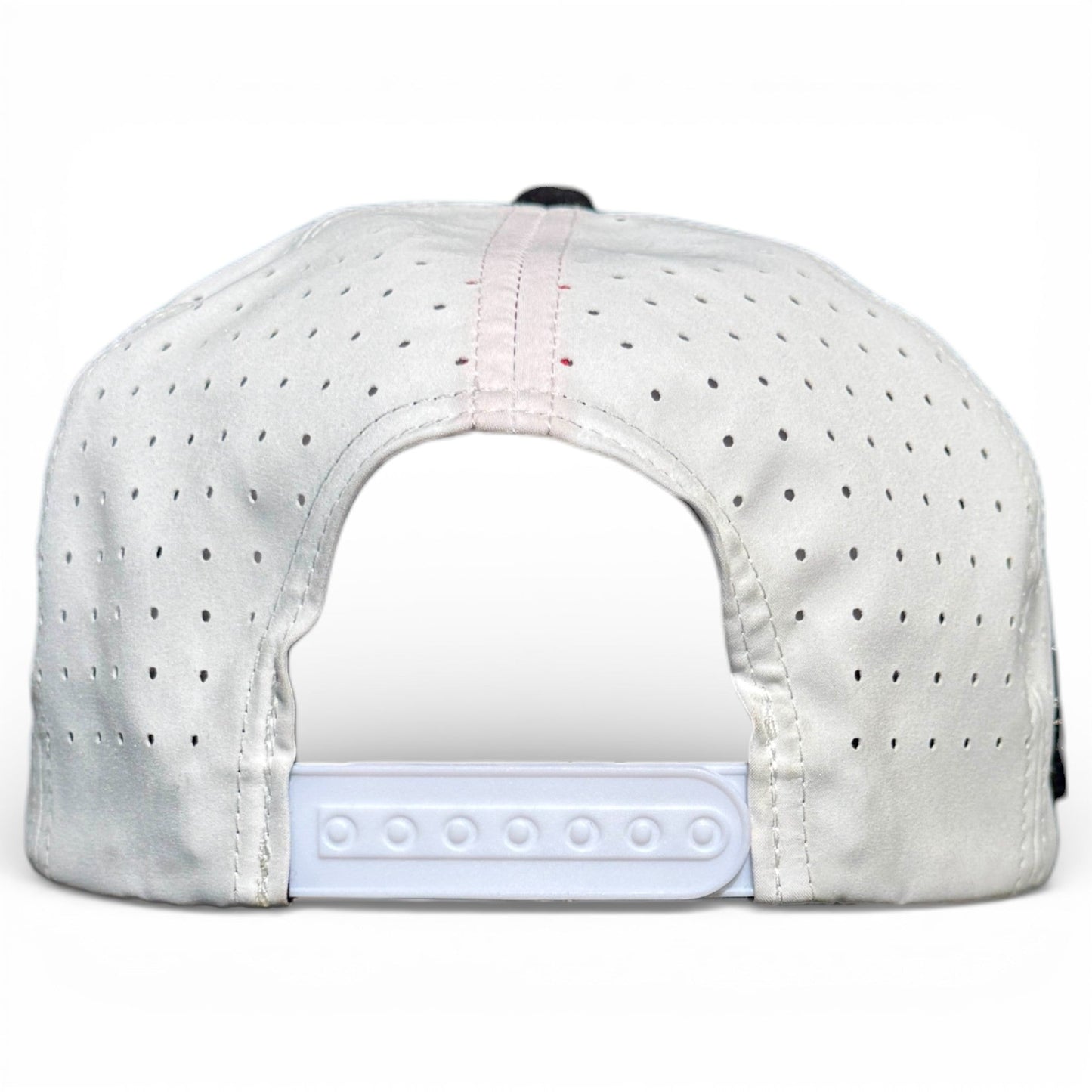 The image shows the back of the Logie Joe’s Golf Pocket Aces Snapback Hat in gray and black, featuring an adjustable strap and built-in magnetic ball marker holder (marker included)—a stylish, functional cap for golfers.