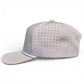 The Logie Joe's Golf Neon Arrow Sign Snapback Hat in light gray features ventilation holes, a flat brim, white script embroidery, a white accent line above the brim, and comes with a built-in magnetic ball marker holder plus marker. Adjustable fit.