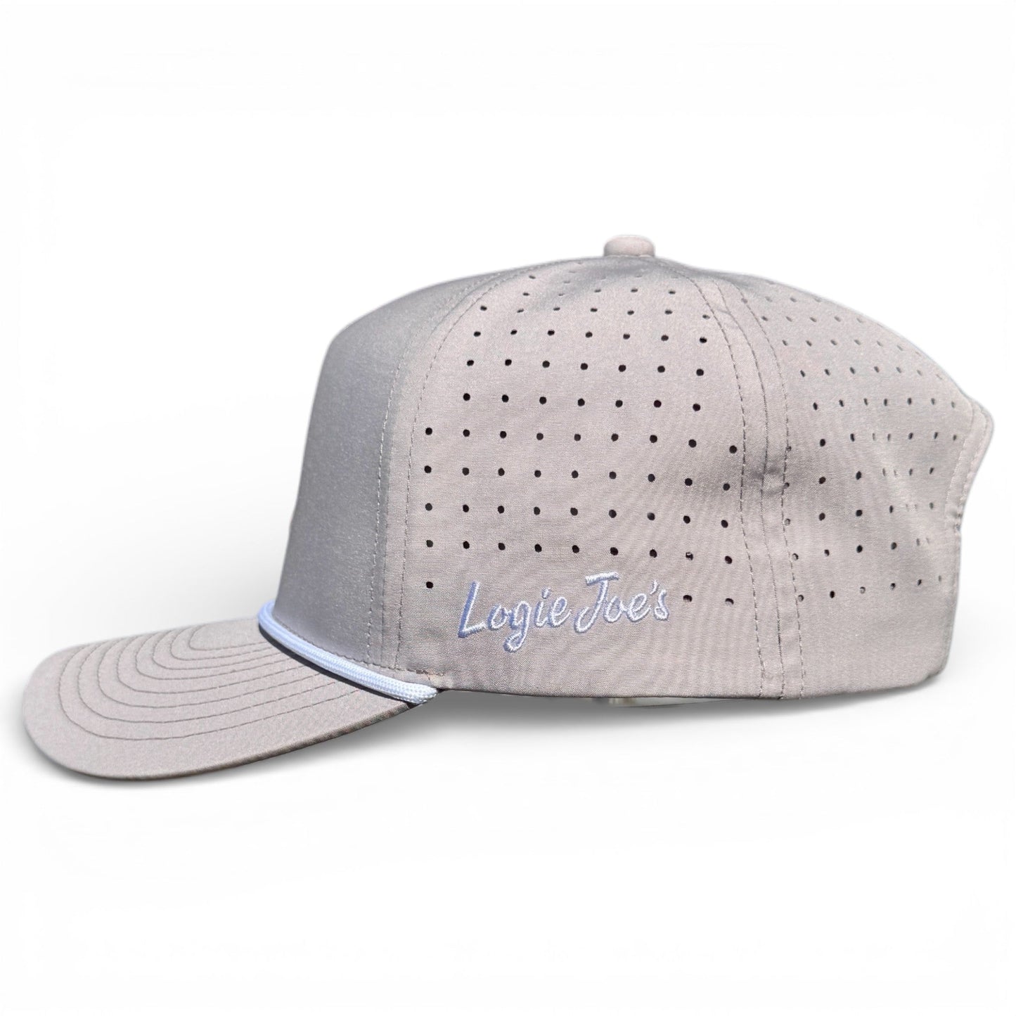 The Logie Joe's Golf Neon Arrow Sign Snapback Hat in light gray features ventilation holes, a flat brim, white script embroidery, a white accent line above the brim, and comes with a built-in magnetic ball marker holder plus marker. Adjustable fit.