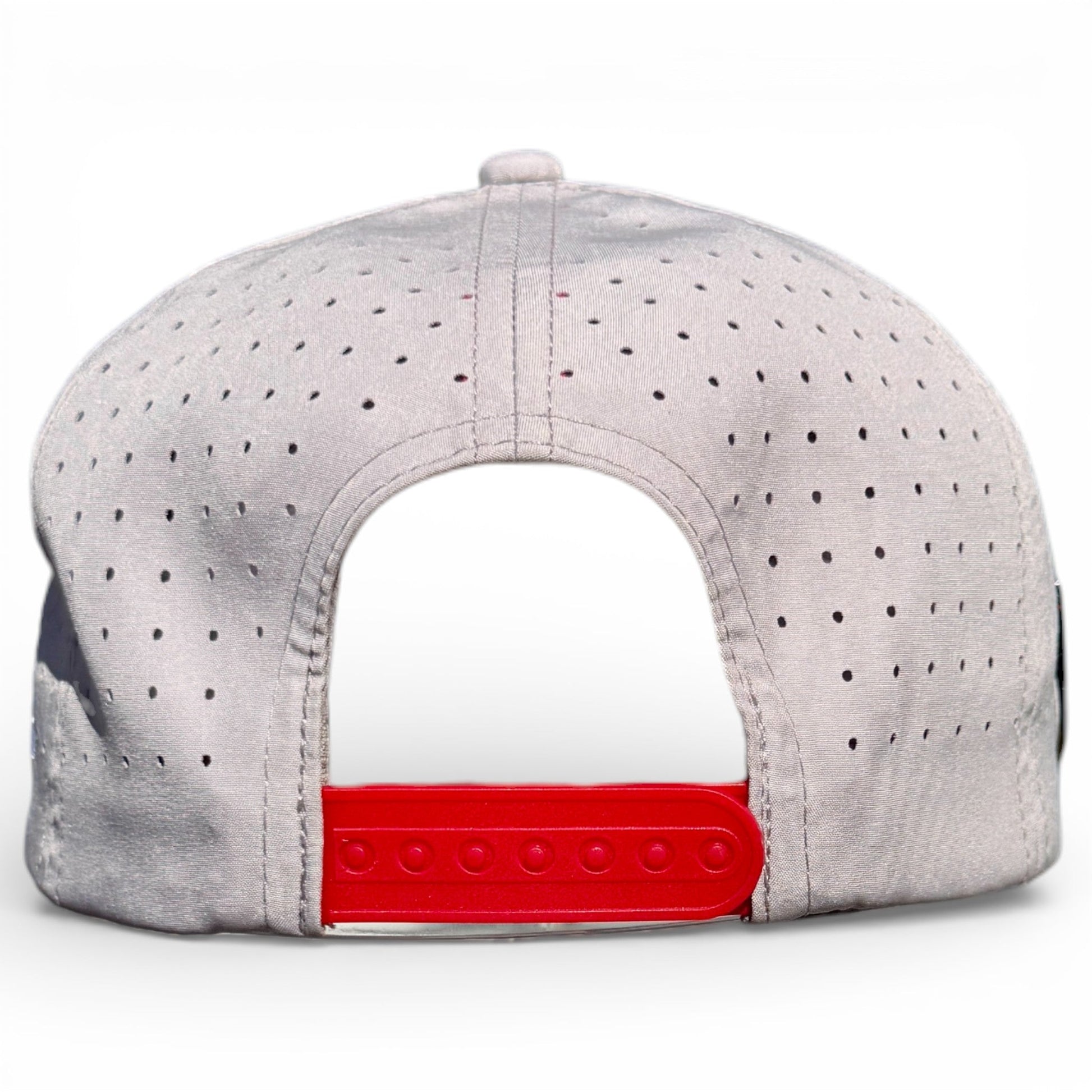 A close-up of the back of the Logie Joe's Golf Neon Arrow Sign Golf Hat in light gray, featuring ventilation holes and a red adjustable snapback. Includes a built-in magnetic ball marker holder with marker. Perfect for golf enthusiasts. White background.