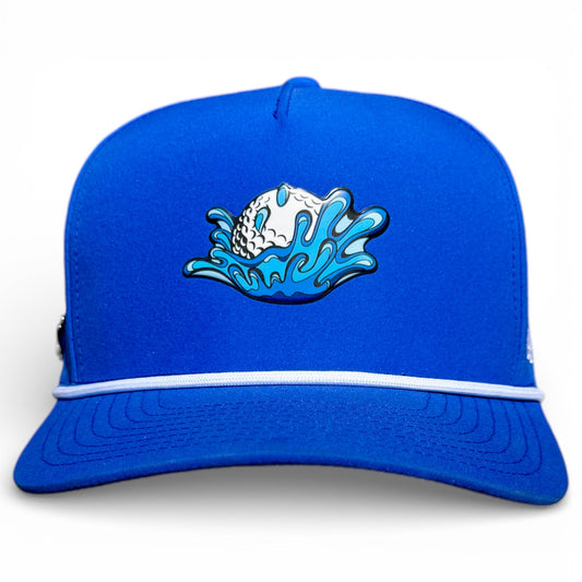 The Logie Joe's Golf Water Ball Golf Hat is an adjustable blue snapback cap, featuring a golf ball splash patch, a thin white cord over the brim, and a built-in magnetic ball marker holder with marker included.