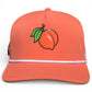 The Just Peachy Golf Hat by Logie Joe's Golf is an adjustable orange snapback cap with a peach and green leaves embroidery, white stripe detail, and built-in magnetic ball marker holder with marker included.