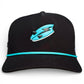 The Shark Bite Golf Hat by Logie Joe's Golf is a black snapback cap with an adjustable fit, turquoise and silver stylized “S” logo, turquoise stripe, and features a built-in magnetic ball marker holder with marker included.