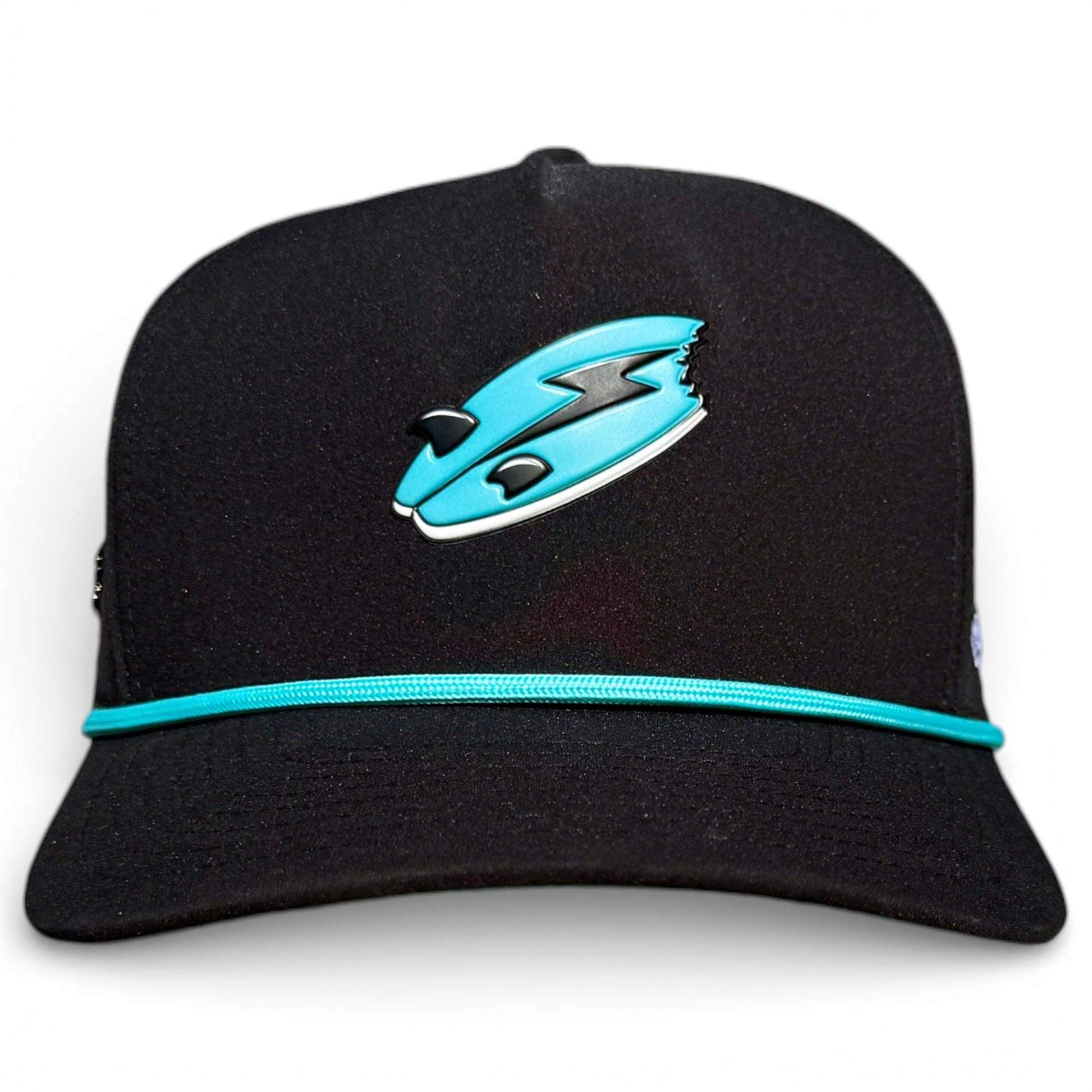 The Shark Bite Golf Hat by Logie Joe's Golf is a black snapback cap with an adjustable fit, turquoise and silver stylized “S” logo, turquoise stripe, and features a built-in magnetic ball marker holder with marker included.