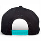 The image displays the back of the Logie Joe's Golf Shark Bite Golf Hat, a black snapback cap with teal adjustable strap and ventilation holes. It features a built-in magnetic ball marker holder with marker included, set against a white background.