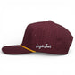 The Logie Joe's Golf Cold One Snapback Cap is a maroon adjustable golf hat with ventilation holes, flat brim, white Logie Joe's embroidery, and a yellow front cord. Features a built-in magnetic ball marker holder with marker included. One size fits most.
