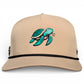 The Salty Turtle Golf Hat by Logie Joe's Golf is a beige snapback featuring a cartoon sea turtle with a pipe, black rope detail, and built-in magnetic ball marker holder—adjustable to fit all and includes marker.