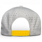 The image shows the back of Logie Joe's Golf Banana Hammock Snapback Cap in light gray with a yellow adjustable closure, featuring a built-in magnetic ball marker holder and included marker—perfect for golfers.