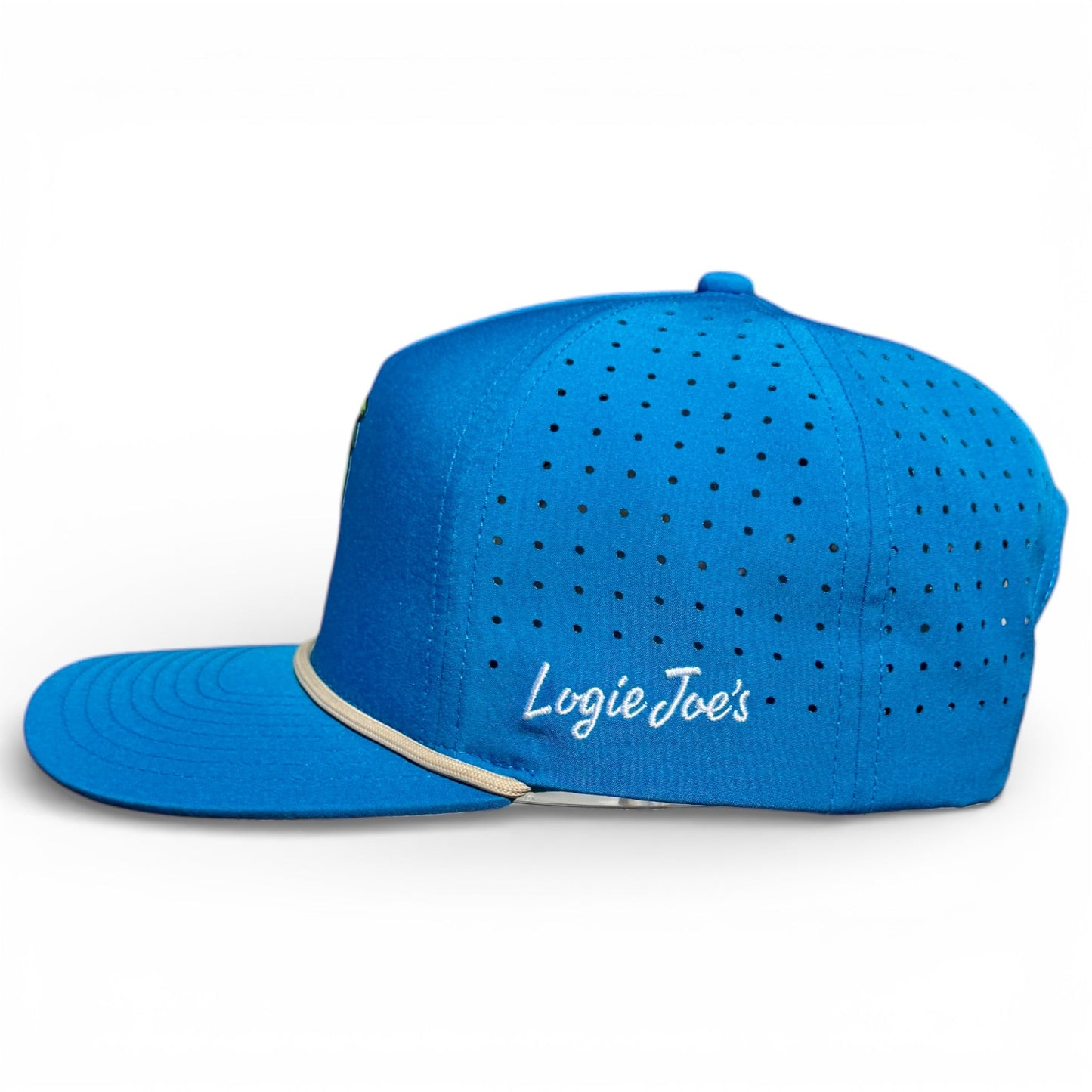 The Fairway Palms Golf Hat by Logie Joe’s Golf is a blue, adjustable snapback cap with vent holes, a white embroidered Logie Joe's logo, cream accent line, slightly curved bill, and comes with a built-in magnetic ball marker holder plus marker.