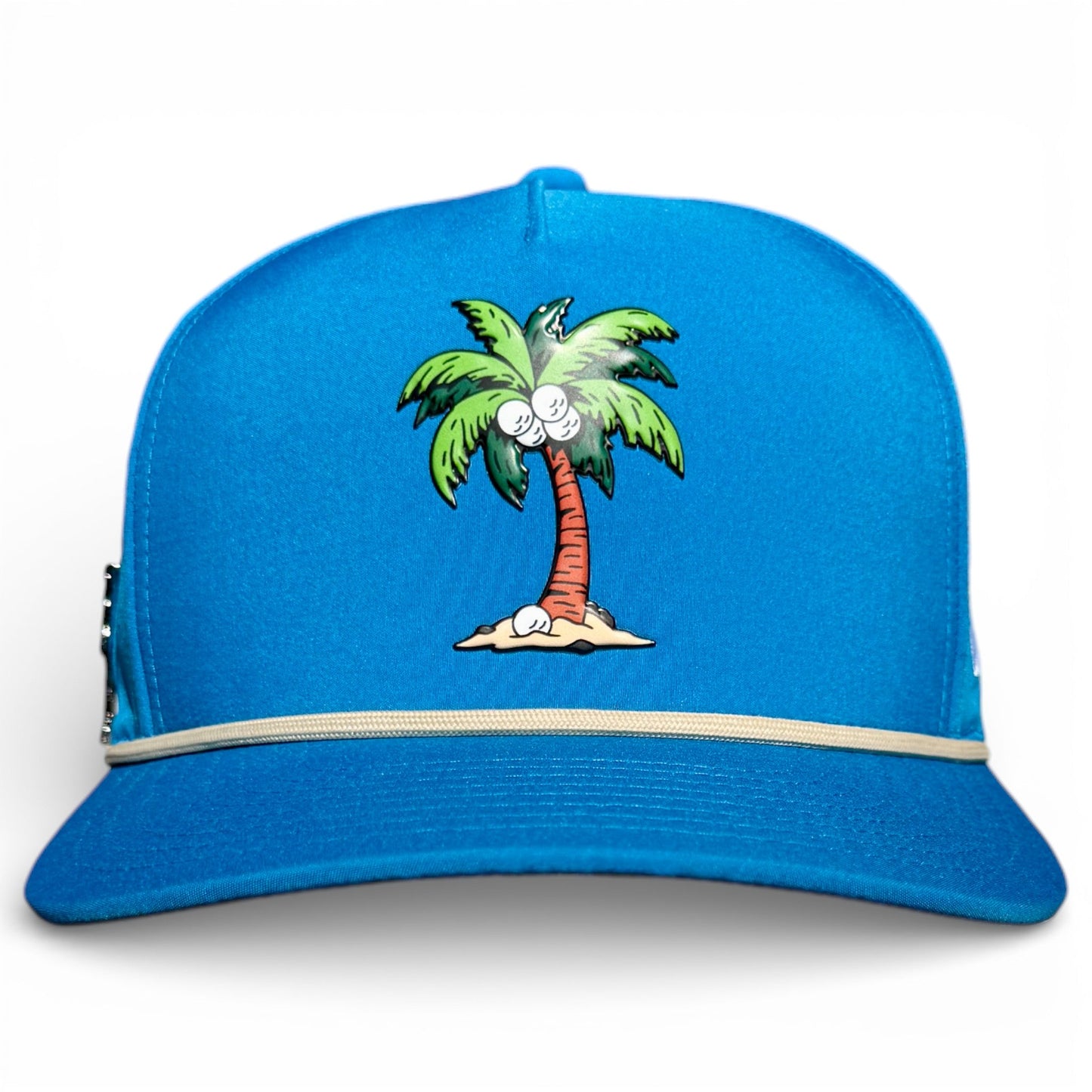 The Logie Joe's Golf Fairway Palms Snapback Cap features a cartoon palm tree on the front, a beige cord above the brim, and a built-in magnetic ball marker holder with marker included. Adjustable and one size fits most.