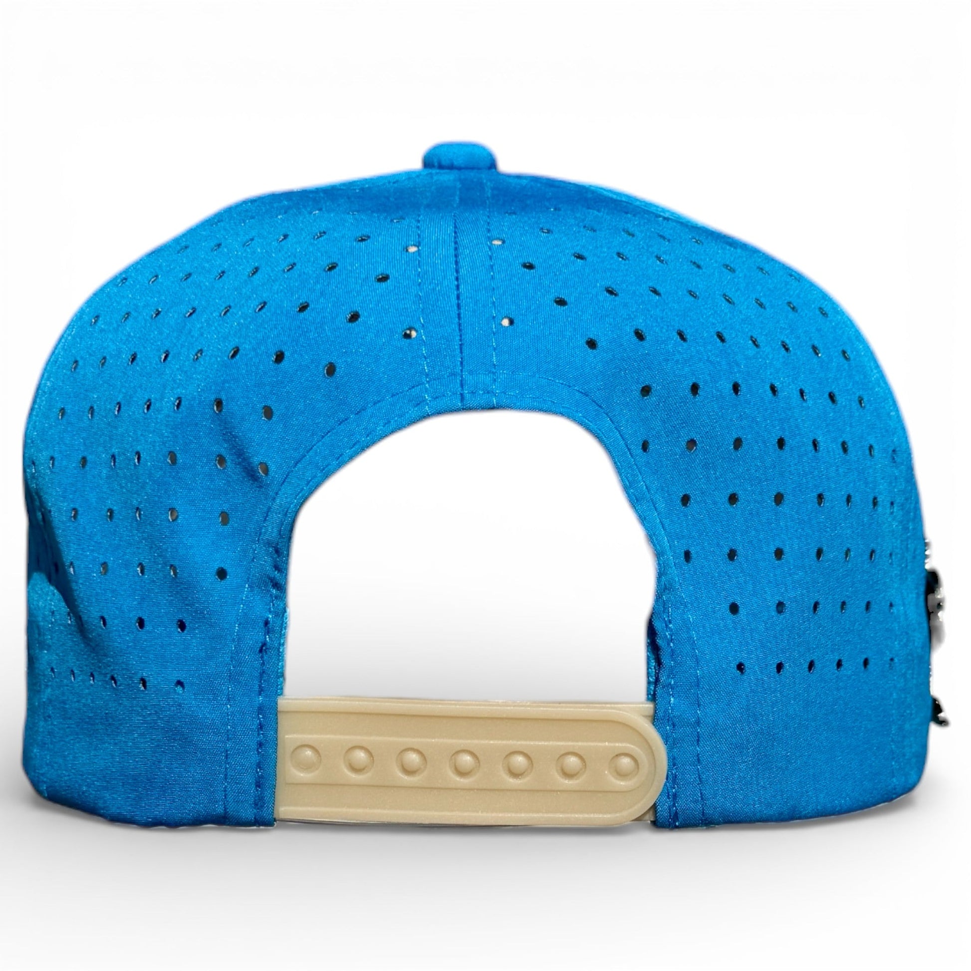 The Logie Joe's Golf Fairway Palms Golf Hat is a blue snapback cap with beige adjustable closure, ventilation holes, and a built-in magnetic ball marker holder plus marker included—perfect for convenience on the course.