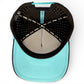 Top-down view of the turquoise Logie Joe’s Golf Shark Bite Snapback Cap, featuring a black band, polka dot lining, stitched brim, and labels. This adjustable hat includes a built-in magnetic ball marker holder with marker.