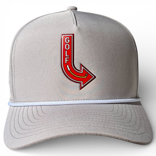 The Golf Neon Arrow Sign Golf Hat by Logie Joe's Golf is a light gray snapback cap with a red and yellow arrow, vertical white "GOLF" lettering, decorative stitching, a white accent, and a built-in magnetic ball marker holder plus marker. Adjustable fit.