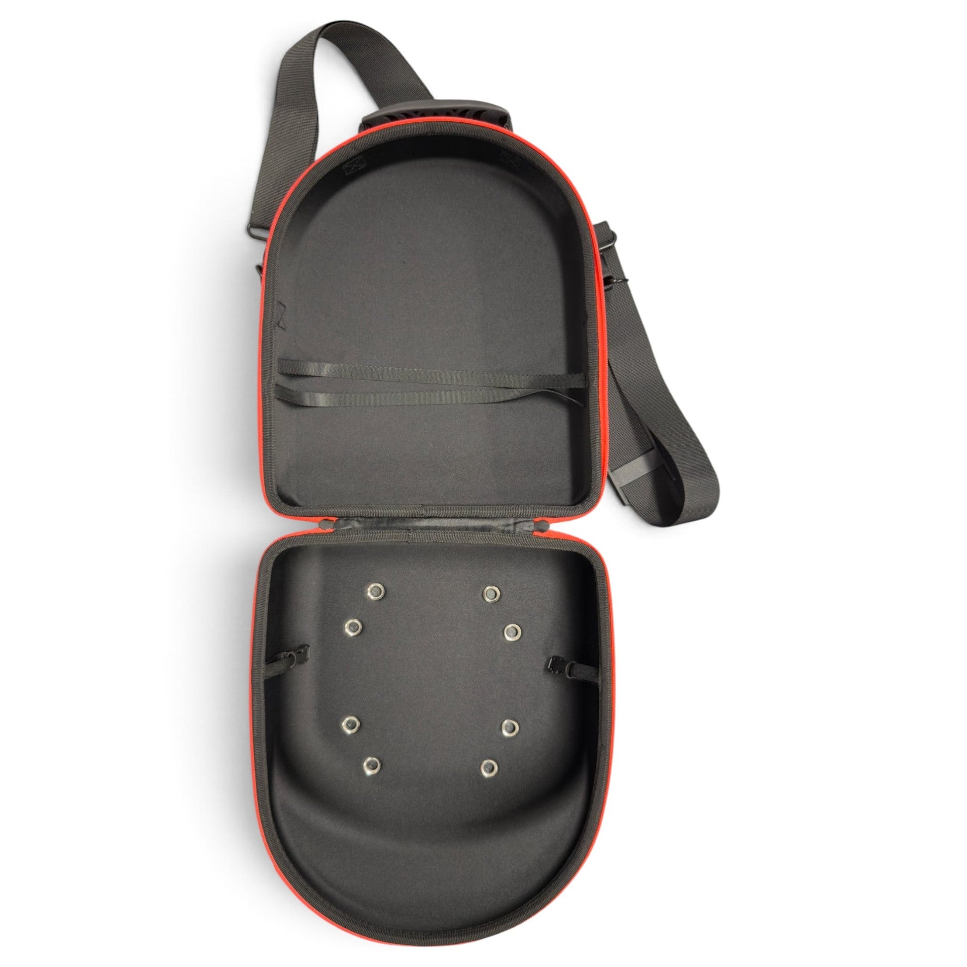 The Logie Joe’s Golf Hat Caddy Travel Case, a hard-shell black and red oval carrier by Logie Joe’s Golf, is open to reveal elastic straps on the top section and metal grommets in the bottom. The adjustable shoulder strap is attached, making this protective hat storage case ideal for carrying up to 6 hats.