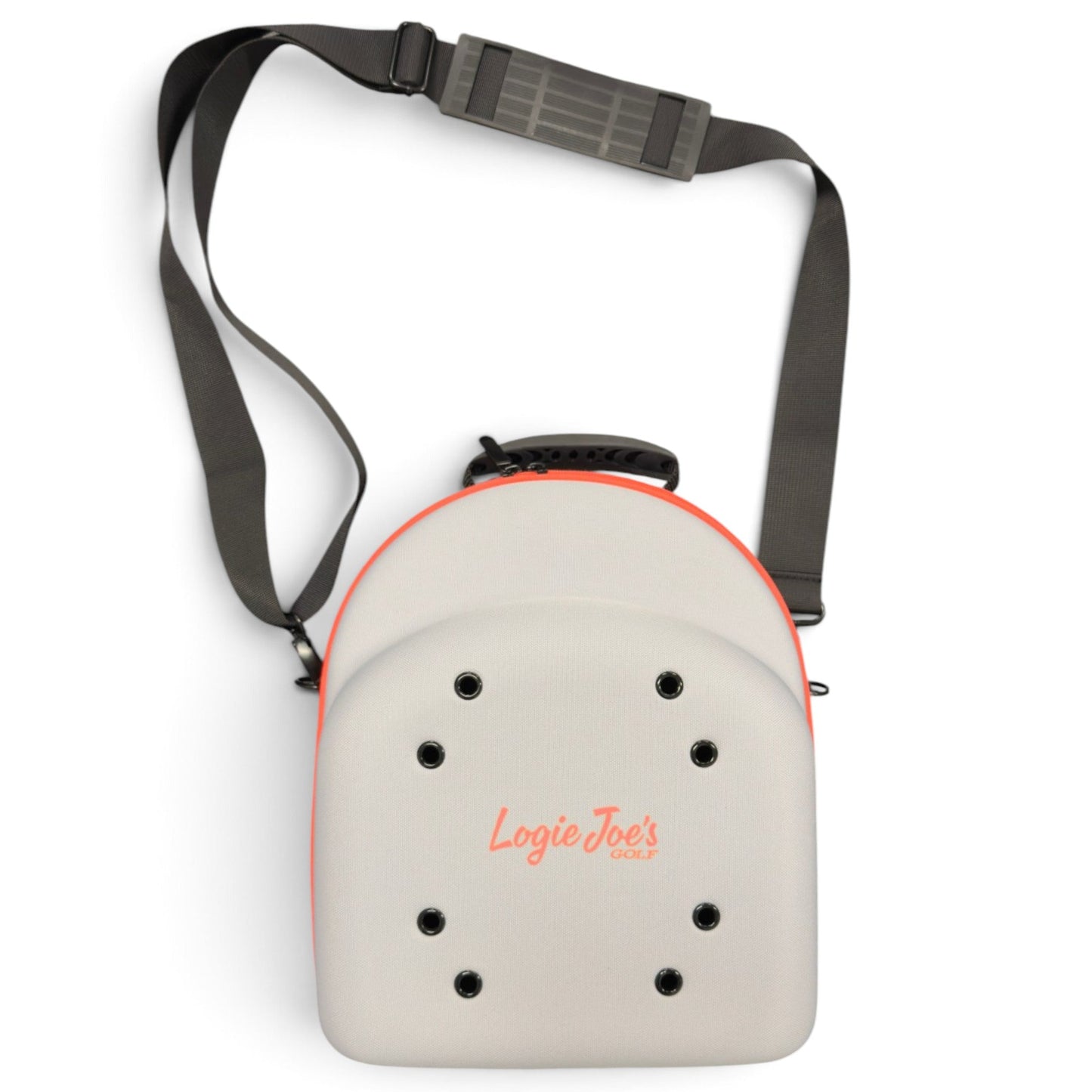 A white Logie Joe’s Golf Hat Caddy Travel Case, featuring a hard shell design with black ventilation holes, a gray adjustable shoulder strap, and “Logie Joe’s Golf” printed in red on the front. This protective hat storage case can hold up to 6 hats.