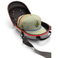 Four pastel-colored caps with fish logos are neatly stacked inside the Logie Joe’s Golf Hat Caddy Travel Case—a gray and red hard shell carrier that holds up to six hats. The protective hat storage case, equipped with an adjustable shoulder strap, is shown open on a white background.