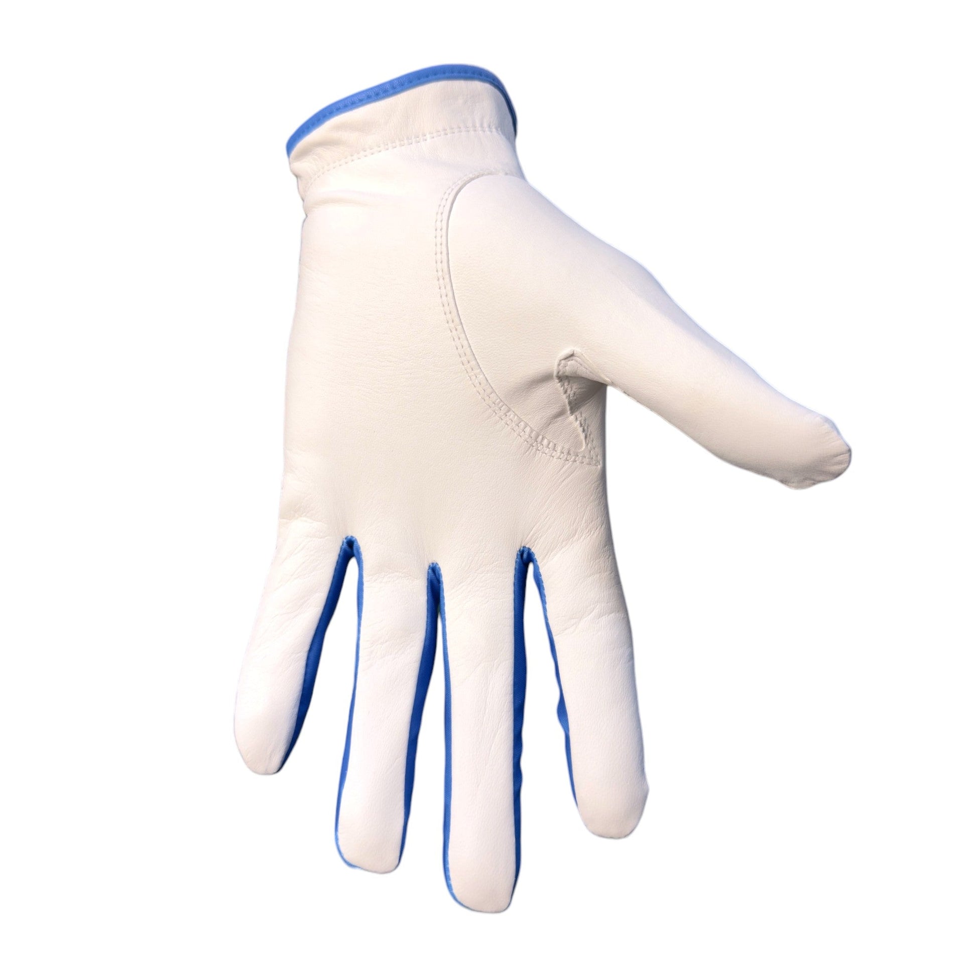 A Logie Joe’s Golf Water Ball Cabretta Leather Golf Glove with blue trim is displayed on a hand against a plain white background, its fingers gently splayed apart.