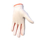 A white Logie Joe’s Golf Breakfast Ball Cabretta Leather Golf Glove, featuring premium construction and a magnetic ball marker, is displayed with orange trim against a plain white background. The glove’s palm faces away and the fingers are slightly curved.