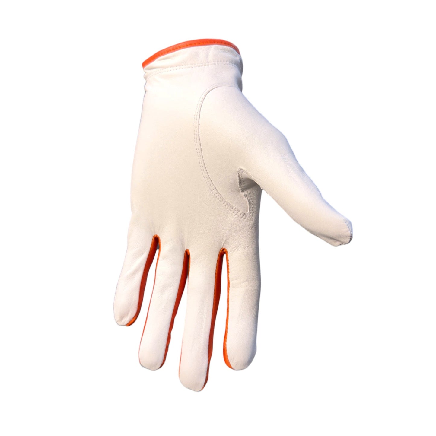 A white Logie Joe’s Golf Breakfast Ball Cabretta Leather Golf Glove, featuring premium construction and a magnetic ball marker, is displayed with orange trim against a plain white background. The glove’s palm faces away and the fingers are slightly curved.