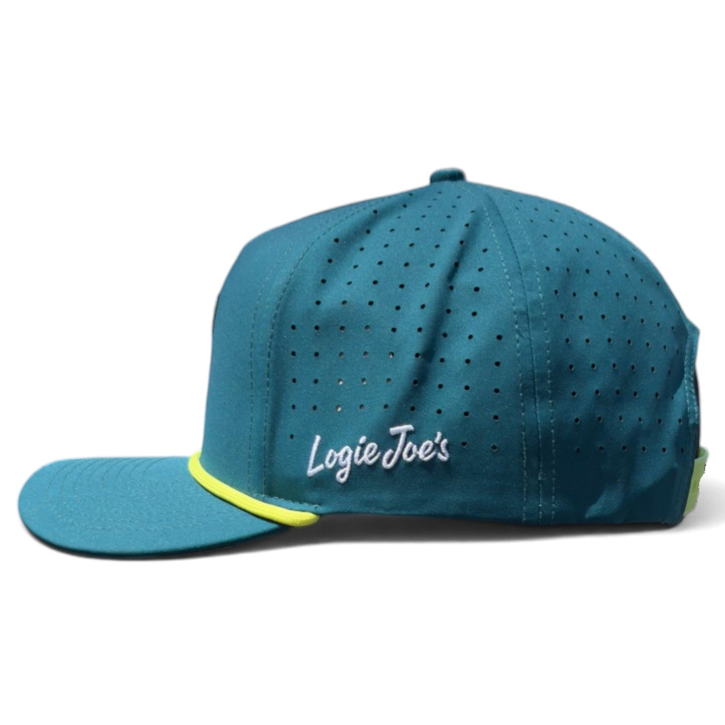 Sure! Here’s a rewritten version using your product data: The Water Hazard Golf Hat by Logie Joe’s Golf features a teal design with small ventilation holes, a neon yellow accent on the brim, and “Logie Joe’s” embroidered in white script on the side. This adjustable snapback cap is designed for comfort and convenience on the green, thanks to its built-in magnetic ball marker holder and included marker.