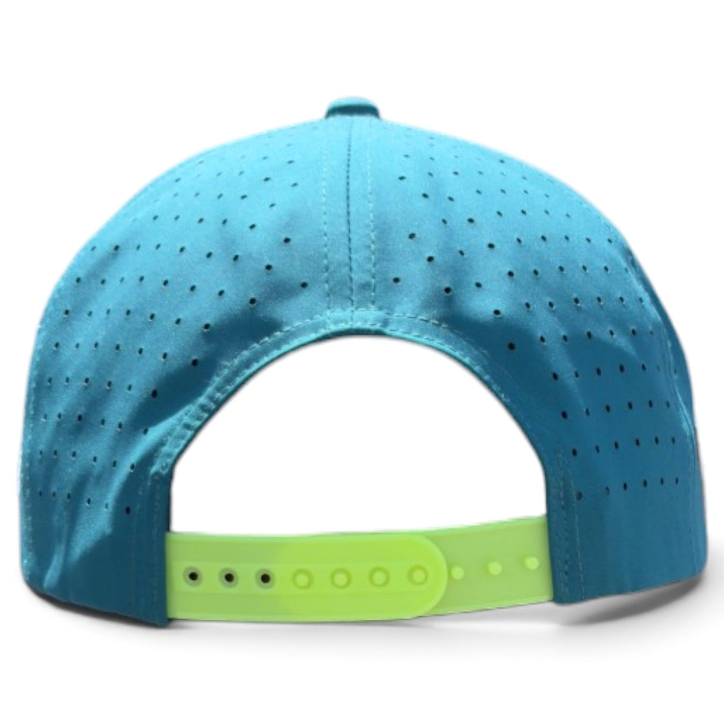 Here’s your revised sentence using the provided product data: The Logie Joe’s Golf Water Hazard Golf Hat is displayed from the back, showcasing small ventilation holes, a vibrant yellow adjustable snapback closure, and a built-in magnetic ball marker holder (with marker included) for easy access on the course.
