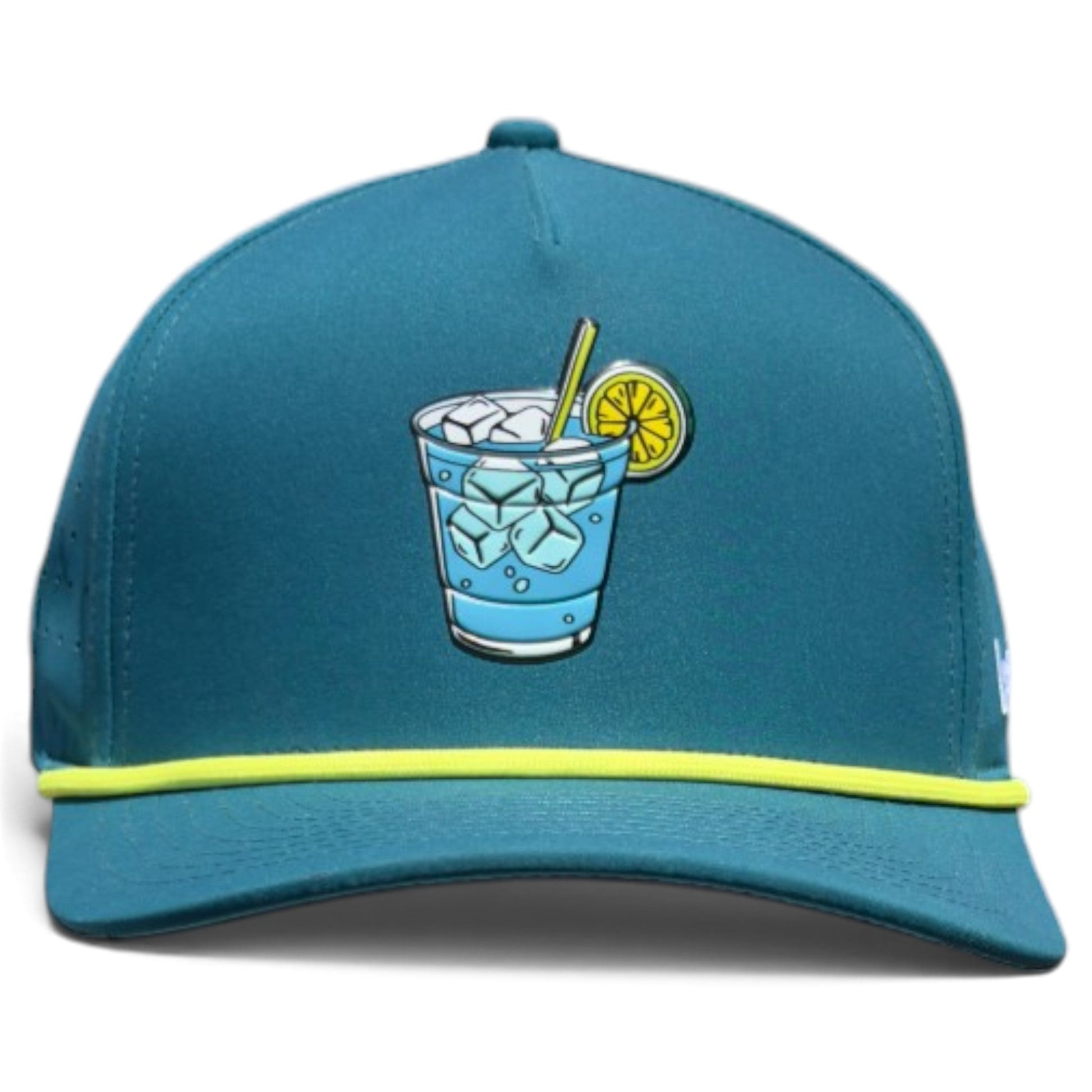 Introducing the Water Hazard Golf Hat by Logie Joe’s Golf—a teal snapback cap with a yellow band, showcasing an illustration of a blue drink with ice, straw, and lemon slice on the front. This adjustable golf hat features a built-in magnetic ball marker holder for extra convenience on the course and comes complete with a marker included.