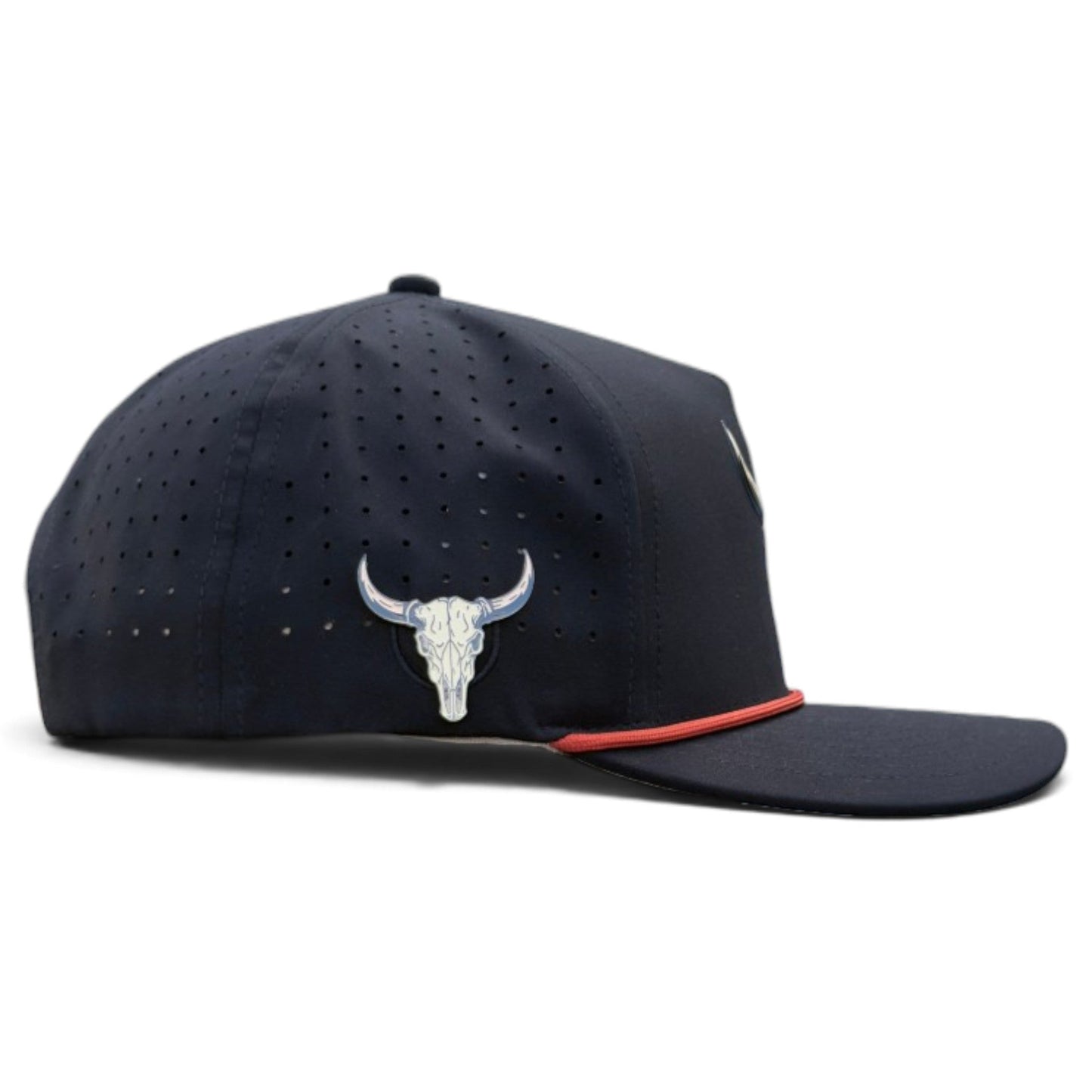 Introducing the Outlaw Golf Hat by Logie Joe’s Golf—a navy snapback cap featuring ventilation holes, bold red trim above the brim, and a distinctive metallic bull skull emblem on the side. This adjustable hat also includes a built-in magnetic ball marker holder with marker for added convenience on the course.