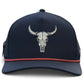 Introducing the Outlaw Golf Hat by Logie Joe’s Golf—a snapback cap in navy blue, featuring a bold bull skull graphic on the front and a sleek red trim above the brim. This adjustable hat is designed for golf enthusiasts with its convenient built-in magnetic ball marker holder, complete with an included marker, ensuring all-day comfort and style on the course.